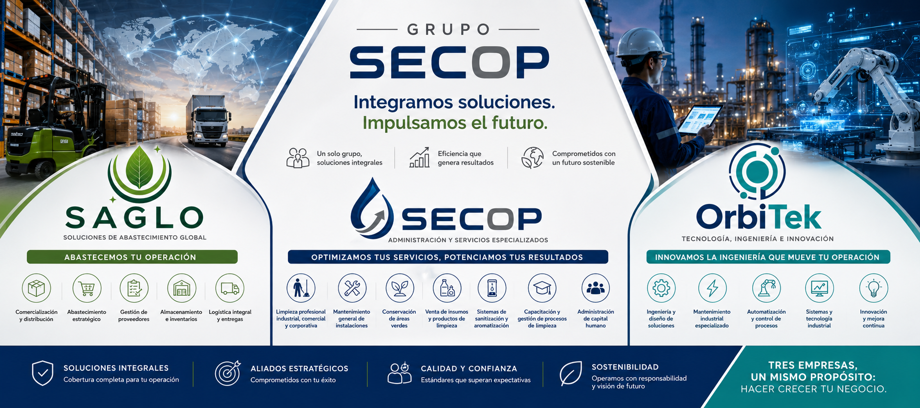 Soluciones integrales de SAGLO, SECOP y OrbiTek para abastecimiento, servicios, ingeniería y tecnología